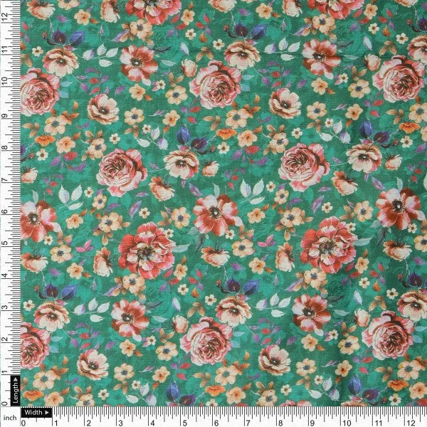 Lush Green & Coral Rose Floral Print Muslin Fabric – mu 0 ma023704 114 4