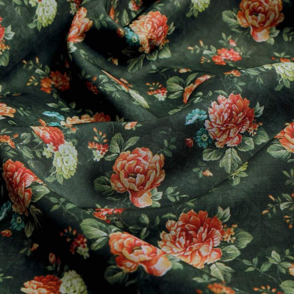 Vintage Rose Floral Print on Dark Green Muslin Fabric