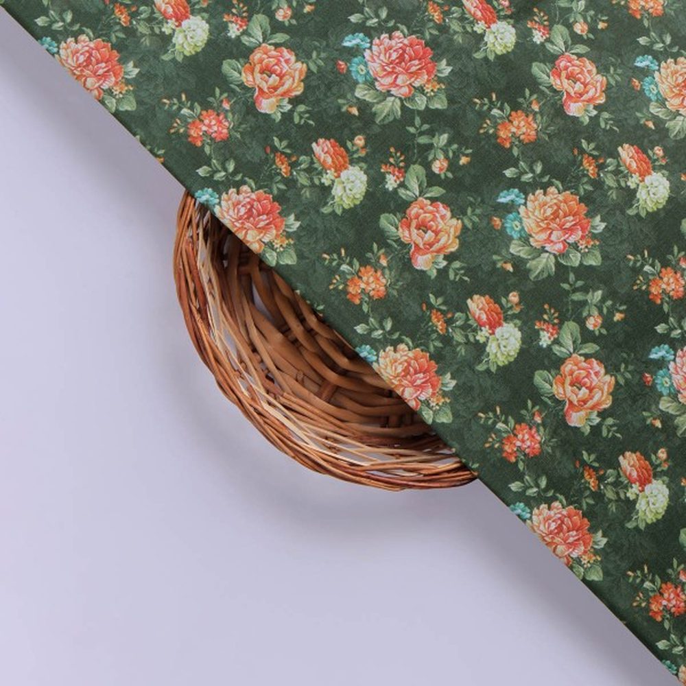 Vintage Rose Floral Print on Dark Green Muslin Fabric