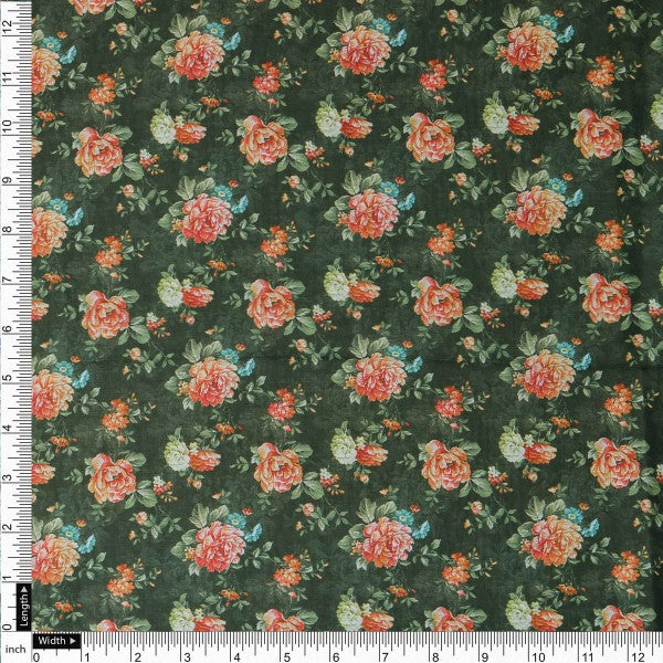 Vintage Rose Floral Print on Dark Green Muslin Fabric