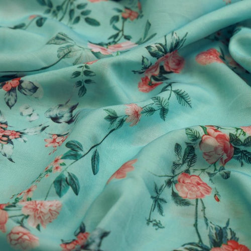 Vintage Rose Floral Print on Sea Green Muslin Fabric