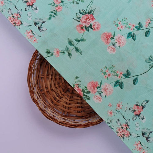 Vintage Rose Floral Print on Sea Green Muslin Fabric