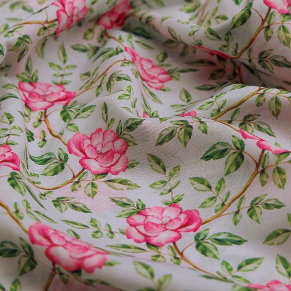 Pink Rose Vine Floral Print on Soft Muslin Fabric