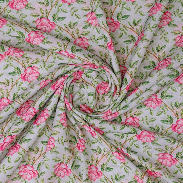 Pink Rose Vine Floral Print on Soft Muslin Fabric
