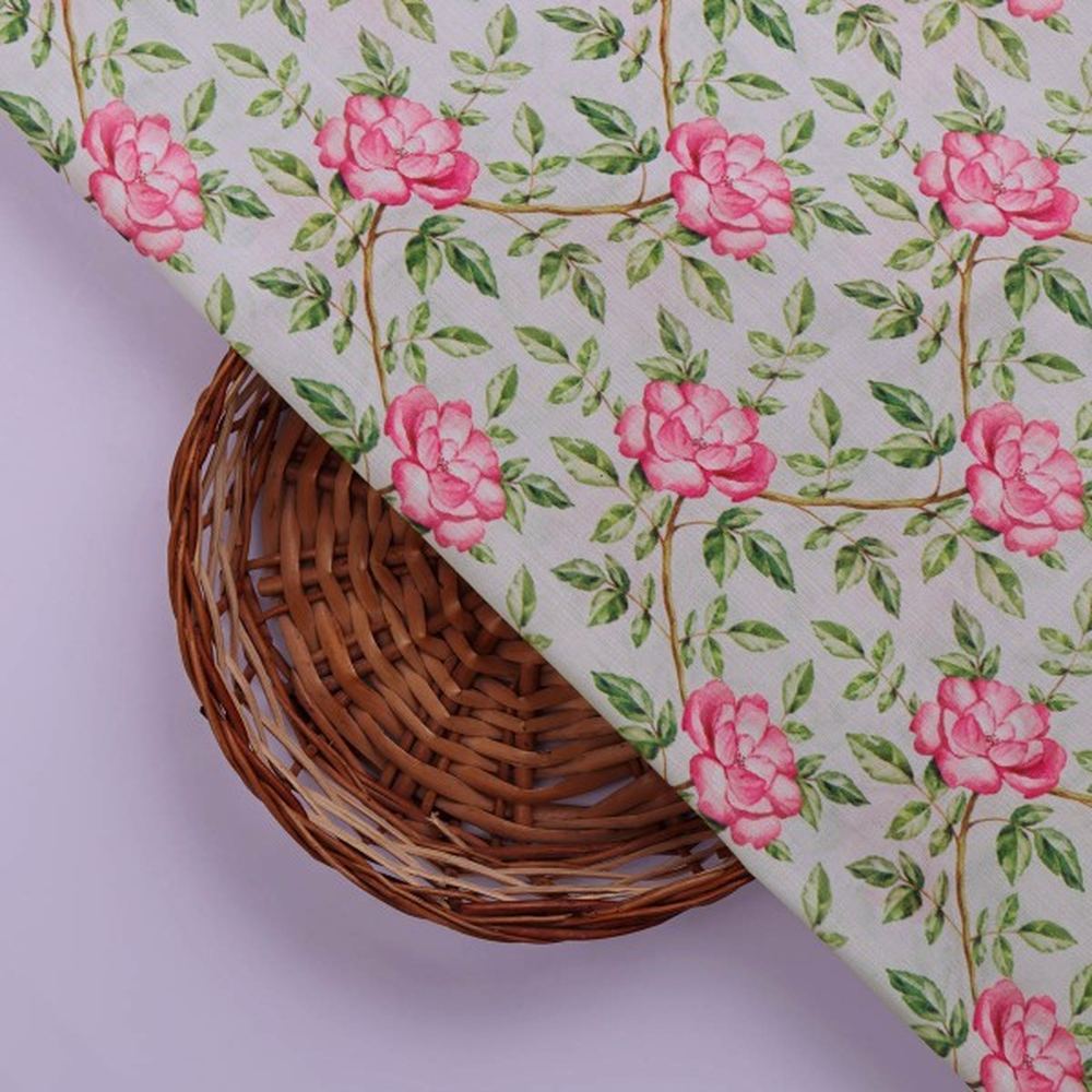 Pink Rose Vine Floral Print on Soft Muslin Fabric