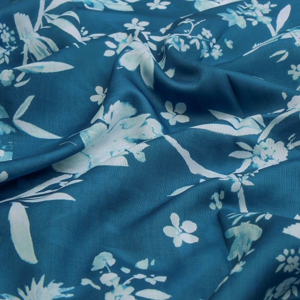 Teal Blue Floral & Bird Print Muslin Fabric for Dresses – mu 0 ta0323 114 1