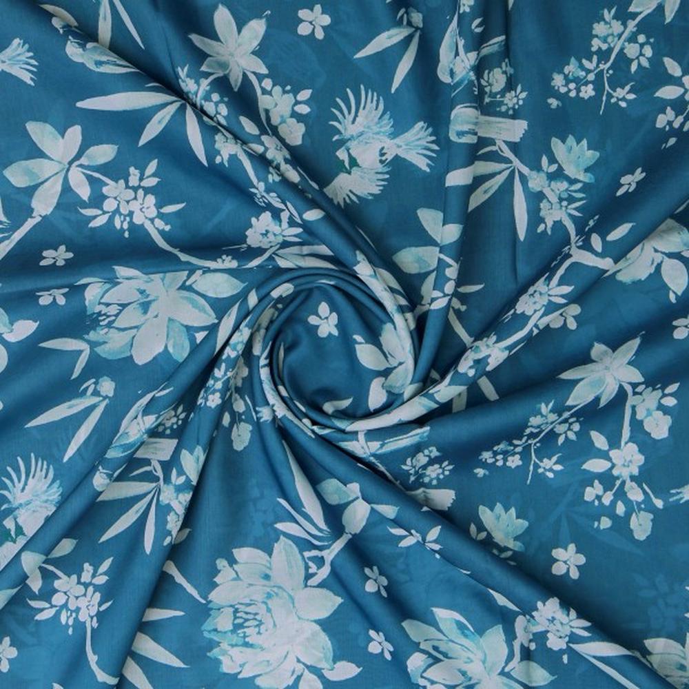 Teal Blue Floral & Bird Print Muslin Fabric for Dresses – mu 0 ta0323 114 2