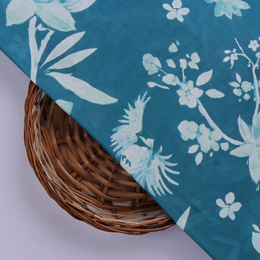 Teal Blue Floral & Bird Print Muslin Fabric for Dresses – mu 0 ta0323 114 3