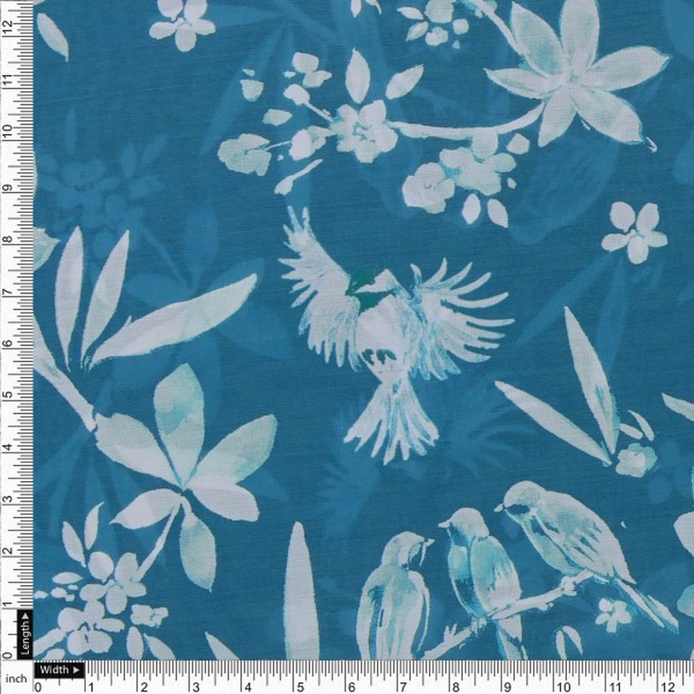 Teal Blue Floral & Bird Print Muslin Fabric for Dresses – mu 0 ta0323 114 4