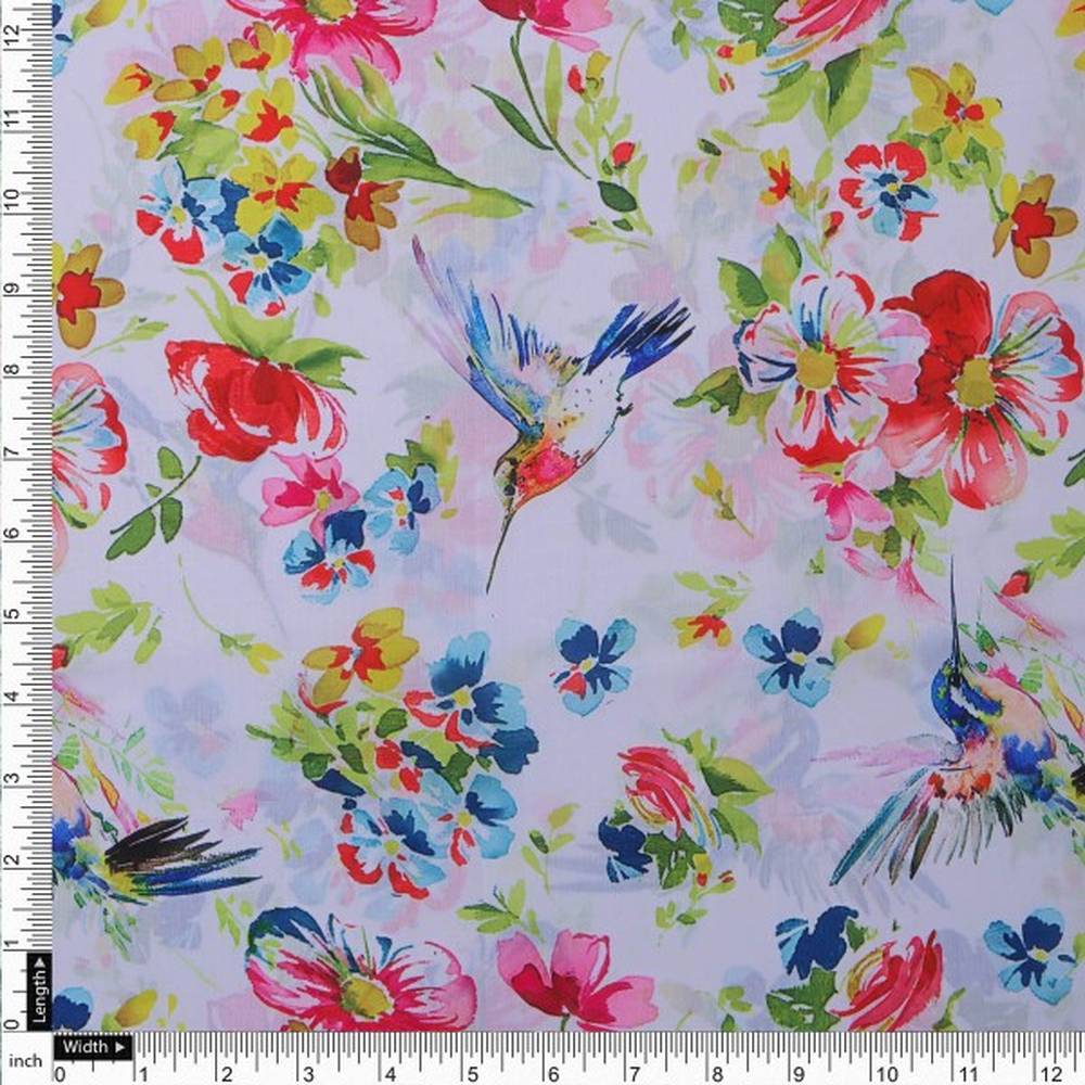 Watercolour Hummingbird & Floral Printed Muslin Fabric – mu 0 ta0324 114 4