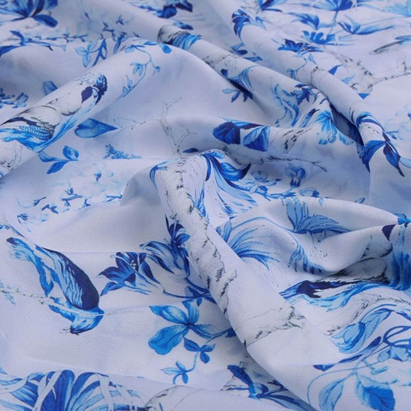 Blue Chinoiserie Bird & Floral Print Muslin Fabric – mu 0 ta0325 114 1