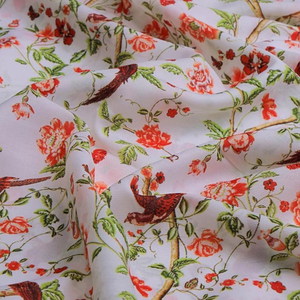 Orange Floral and Bird Print Muslin Fabric for Dresses – mu 0 ta0326 114 1