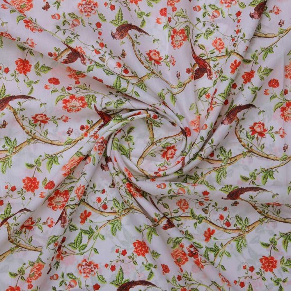 Orange Floral and Bird Print Muslin Fabric for Dresses – mu 0 ta0326 114 2