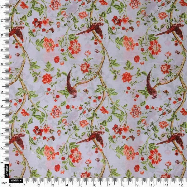Orange Floral and Bird Print Muslin Fabric for Dresses – mu 0 ta0326 114 4