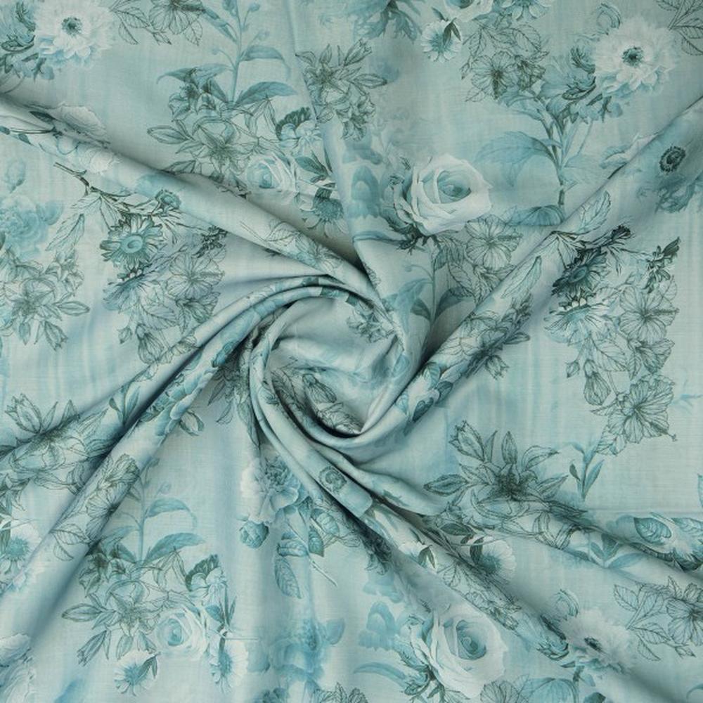 Serene Sea Green Floral Sketch Printed Muslin Fabric – mu 0 ta04093 114 2