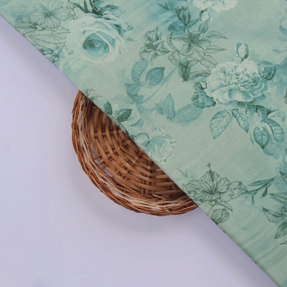 Serene Sea Green Floral Sketch Printed Muslin Fabric – mu 0 ta04093 114 3