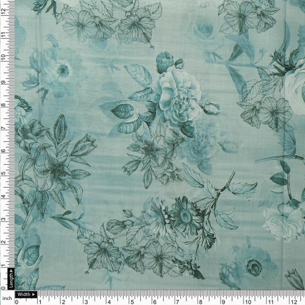 Serene Sea Green Floral Sketch Printed Muslin Fabric – mu 0 ta04093 114 4