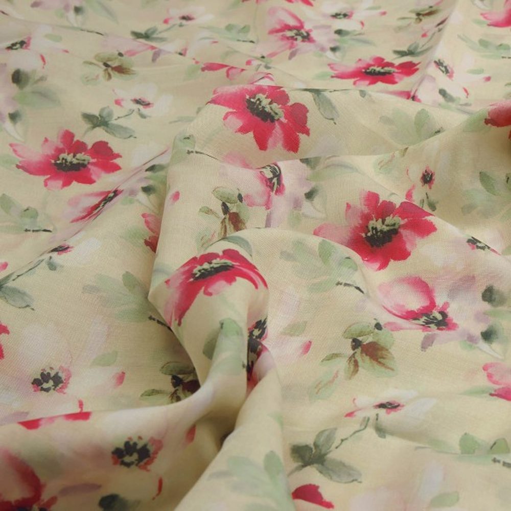 Cream and Pink Watercolour Floral Print Muslin Fabric – mu 0 ta0467 114 1