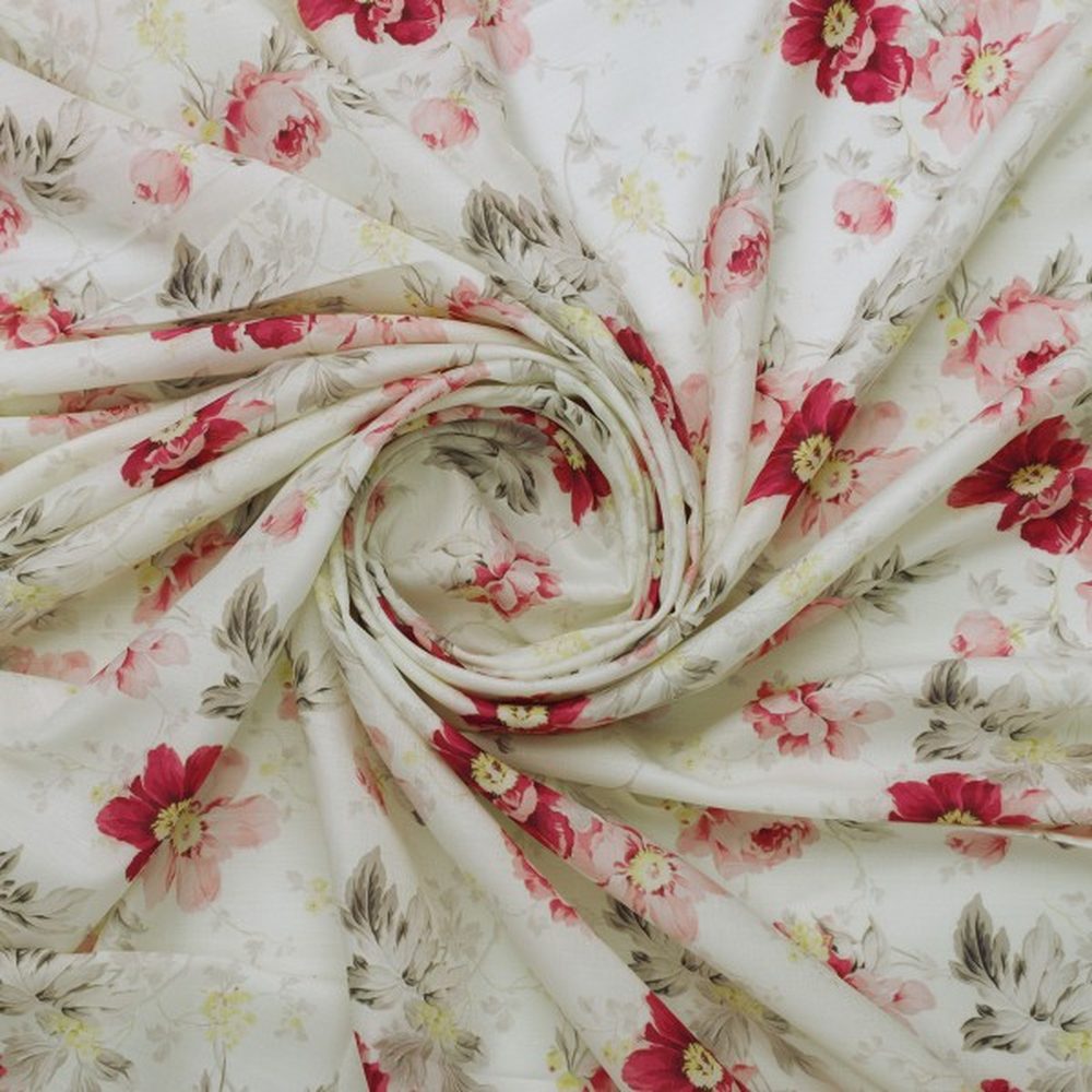 Cream Muslin Fabric with Vintage Red & Pink Floral Print – mu 0 ta06820 110 2