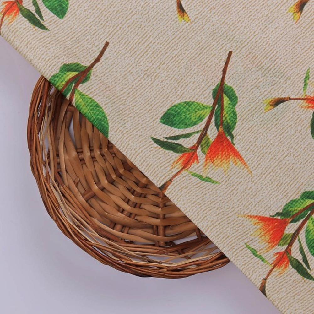 Orange Blossom Floral Print on Beige Textured Muslin Fabric