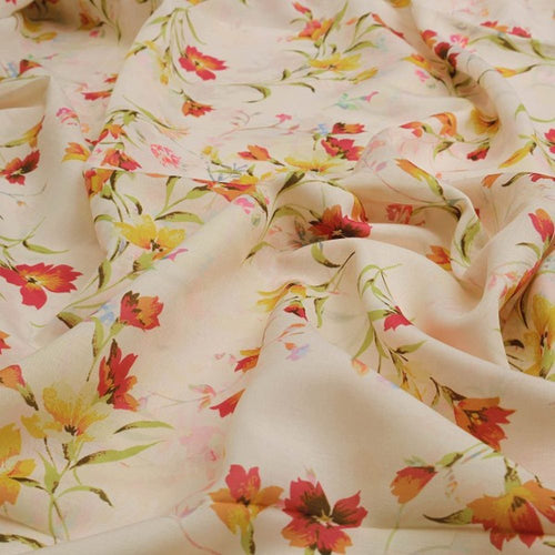 Red & Yellow Watercolour Floral Printed Muslin Fabric