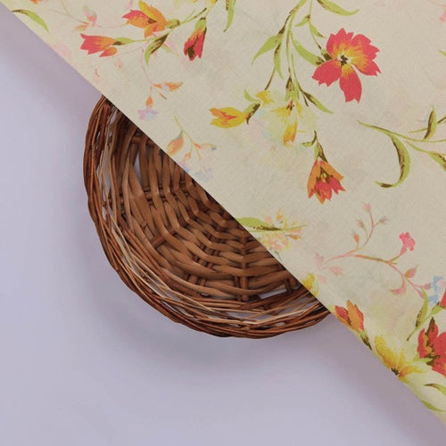 Red & Yellow Watercolour Floral Printed Muslin Fabric