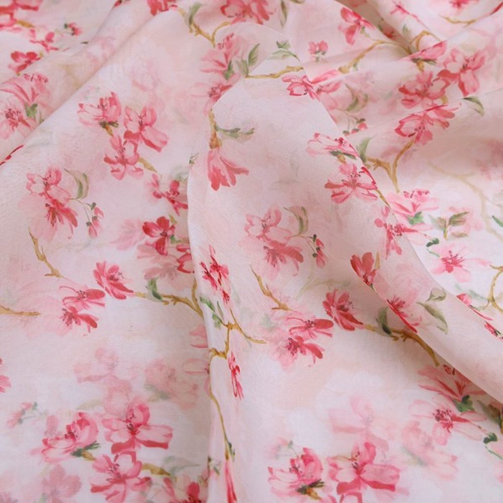 Pink Cherry Blossom Floral Printed Organza Fabric