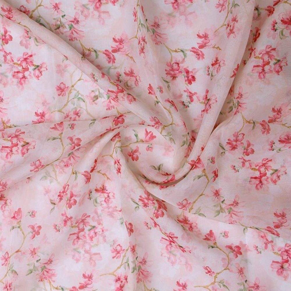 Pink Cherry Blossom Floral Printed Organza Fabric