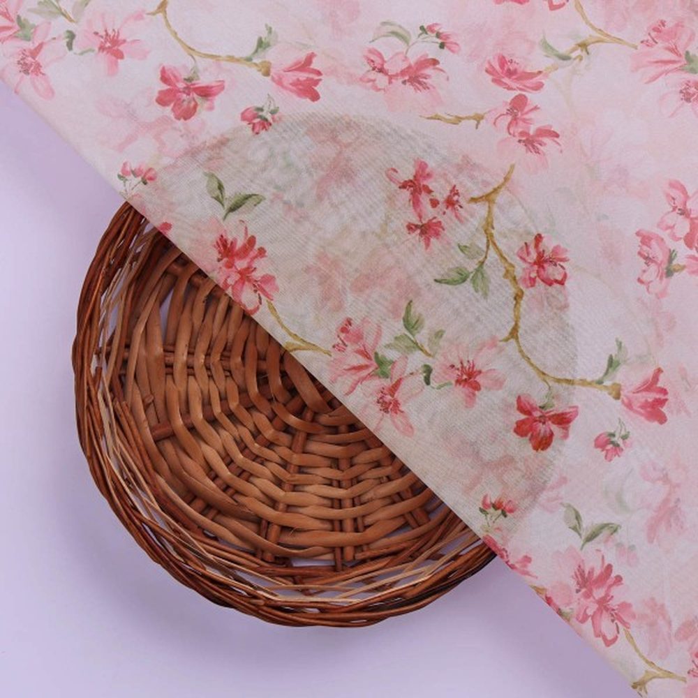 Pink Cherry Blossom Floral Printed Organza Fabric