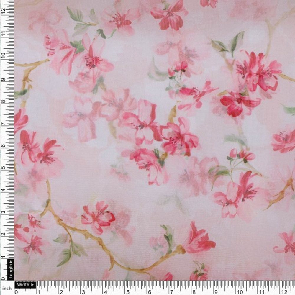 Pink Cherry Blossom Floral Printed Organza Fabric