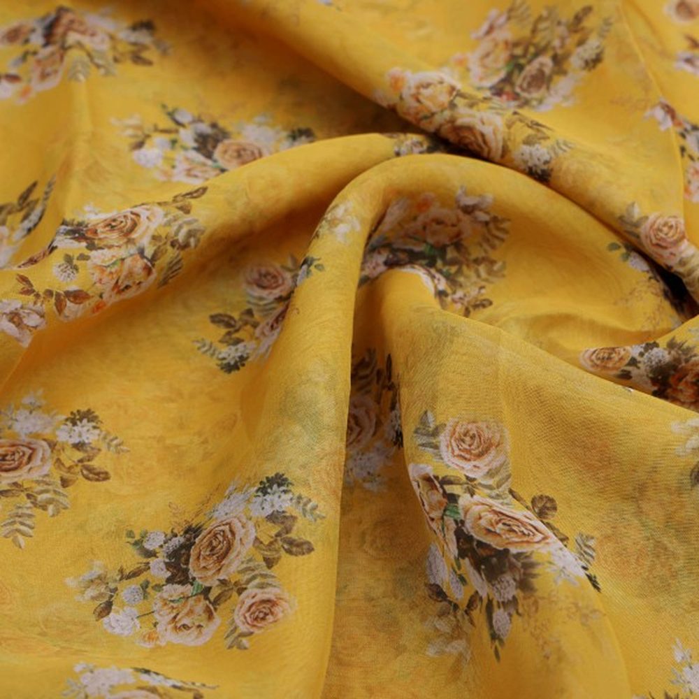 Golden Yellow Organza Fabric with Classic Rose Print – or 0 ma015383 110 1