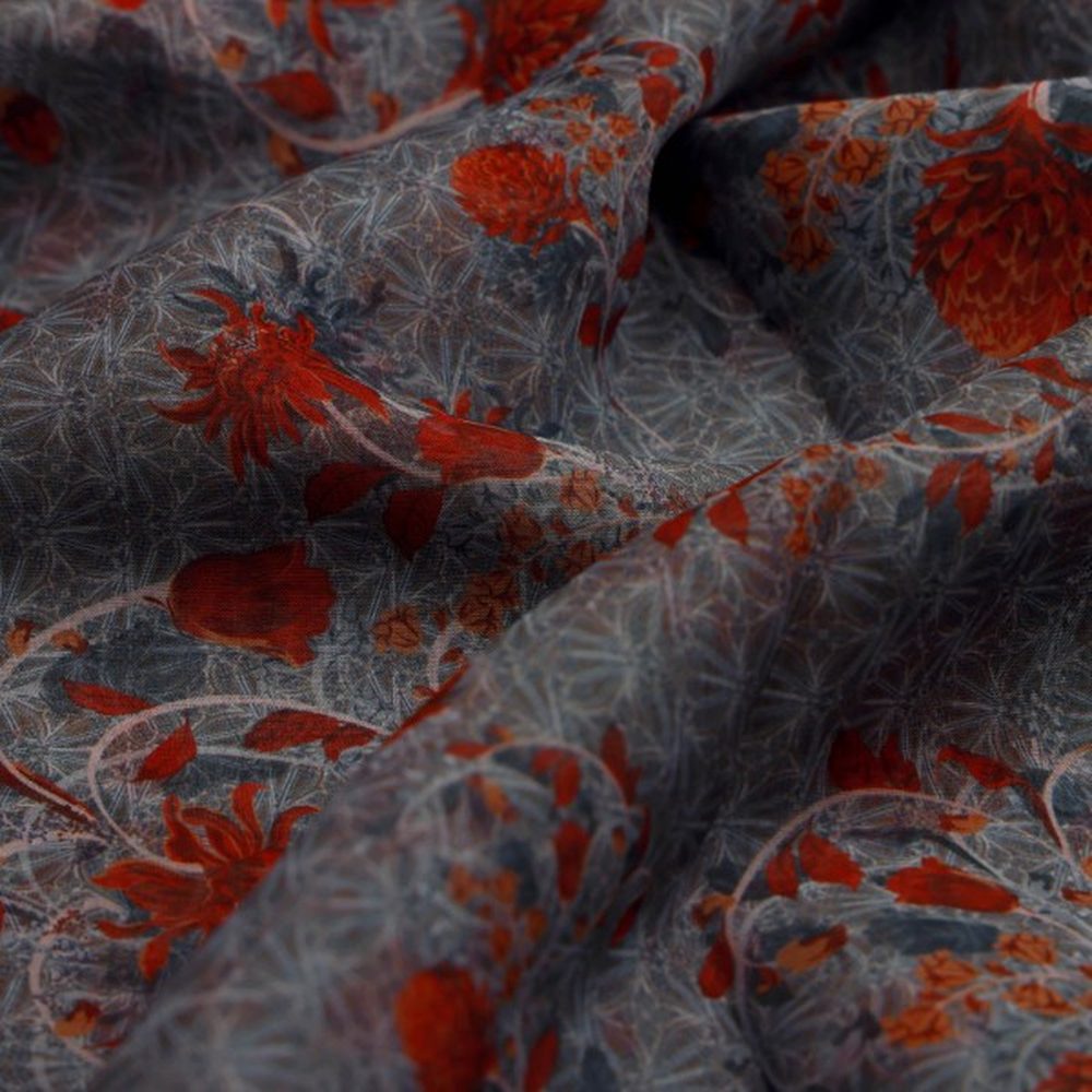 Steel Grey & Rust Red Floral Vine Organza Fabric