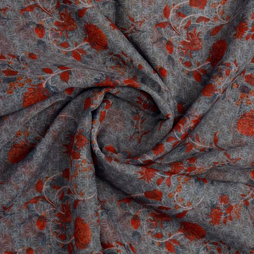 Steel Grey & Rust Red Floral Vine Organza Fabric – or 0 ta0057 110 2