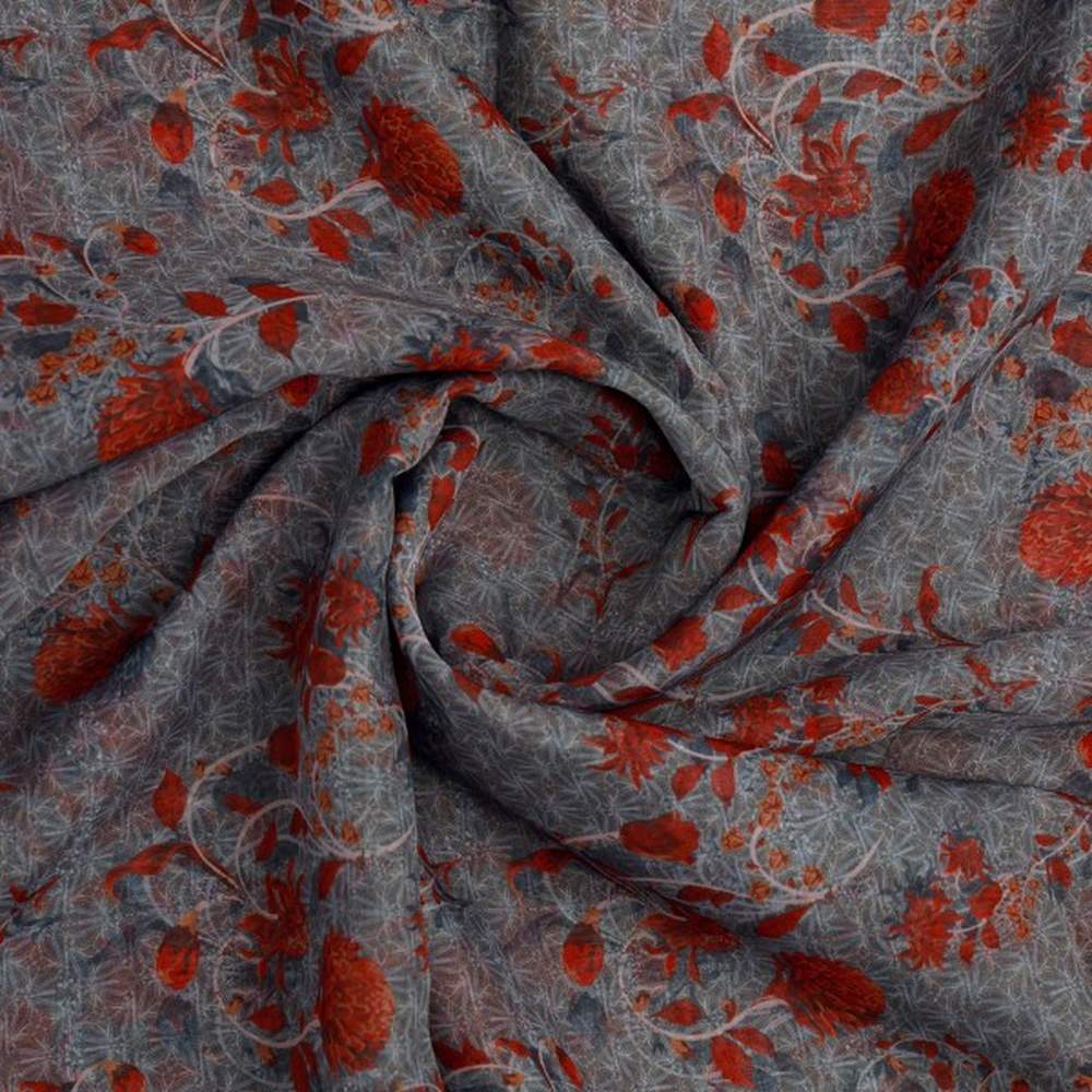 Steel Grey & Rust Red Floral Vine Organza Fabric
