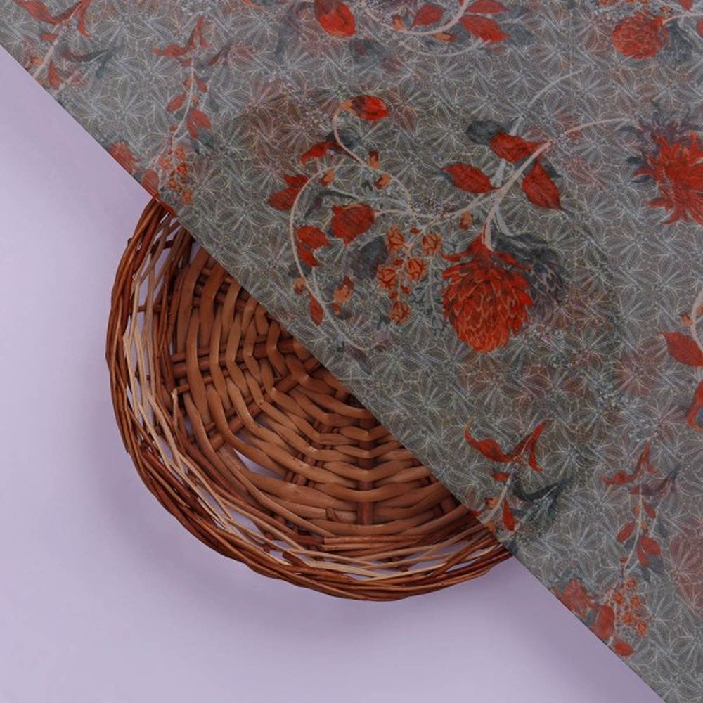 Steel Grey & Rust Red Floral Vine Organza Fabric
