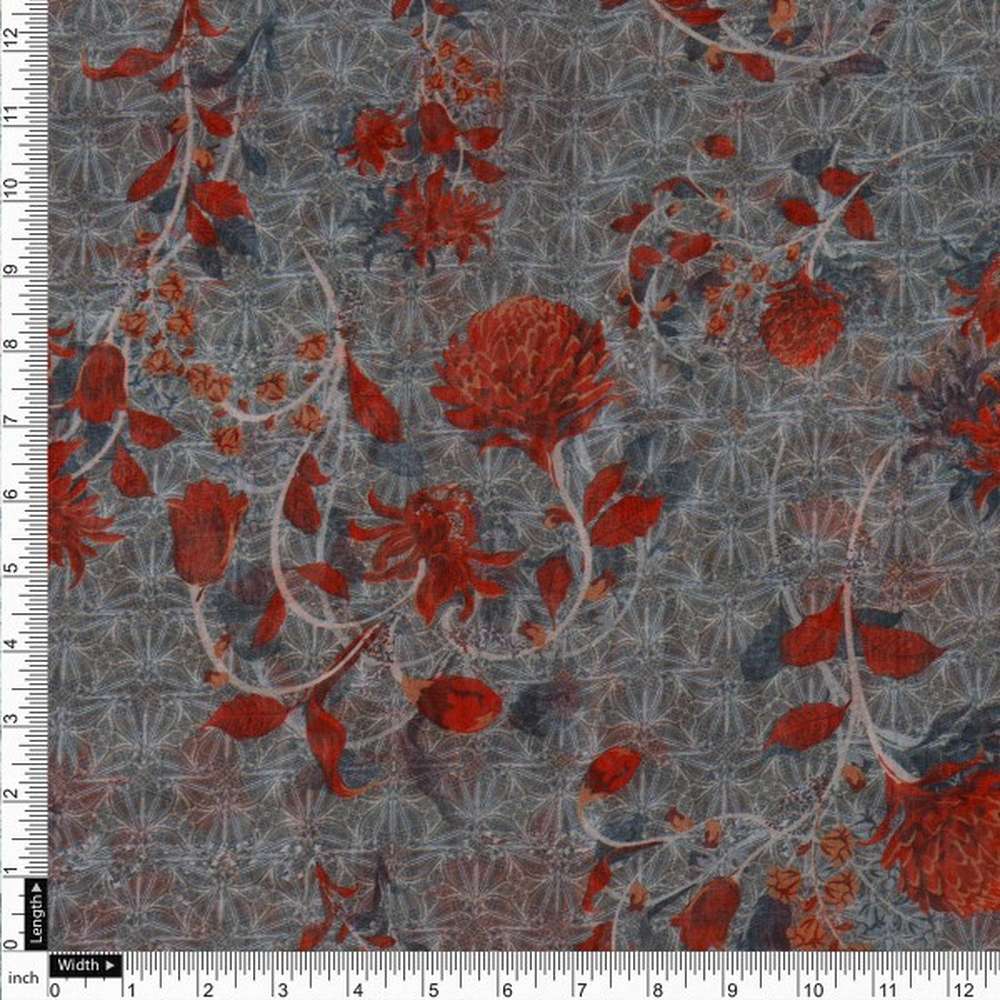 Steel Grey & Rust Red Floral Vine Organza Fabric