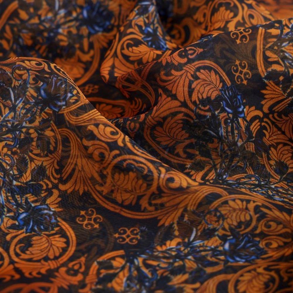 Rust & Blue Vintage Damask Print Sheer Organza Fabric