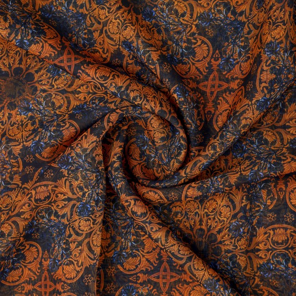 Rust & Blue Vintage Damask Print Sheer Organza Fabric