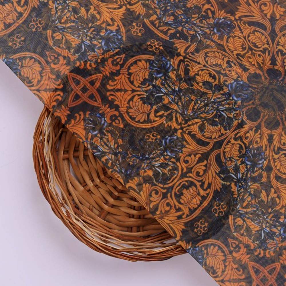 Rust & Blue Vintage Damask Print Sheer Organza Fabric