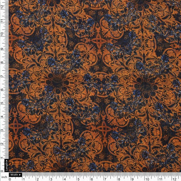 Rust & Blue Vintage Damask Print Sheer Organza Fabric