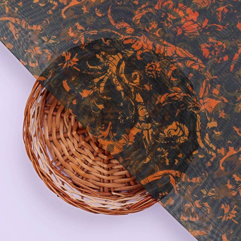 Black & Orange Baroque Damask Pattern Organza Fabric – or 0 ta0059 110 3