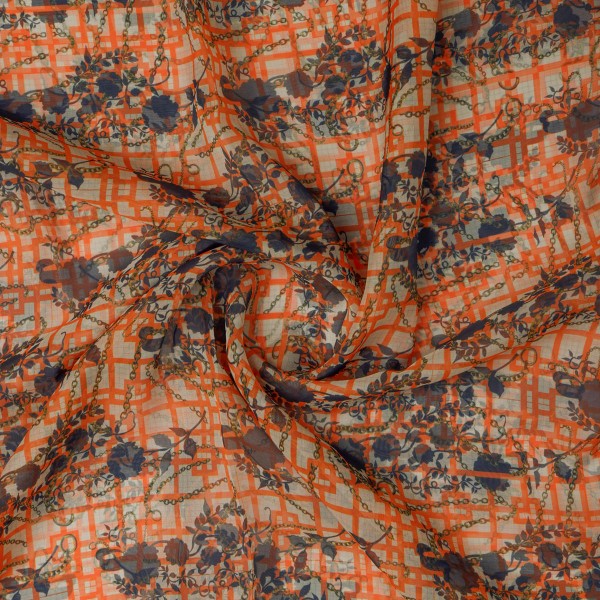 Orange Checkered & Floral Chain Print Organza Fabric