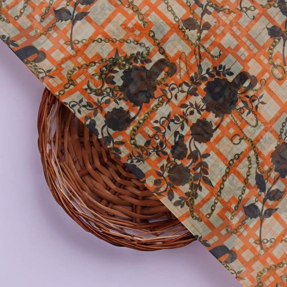 Orange Checkered & Floral Chain Print Organza Fabric