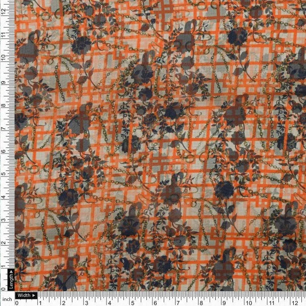 Orange Checkered & Floral Chain Print Organza Fabric – or 0 ta0060 110 4
