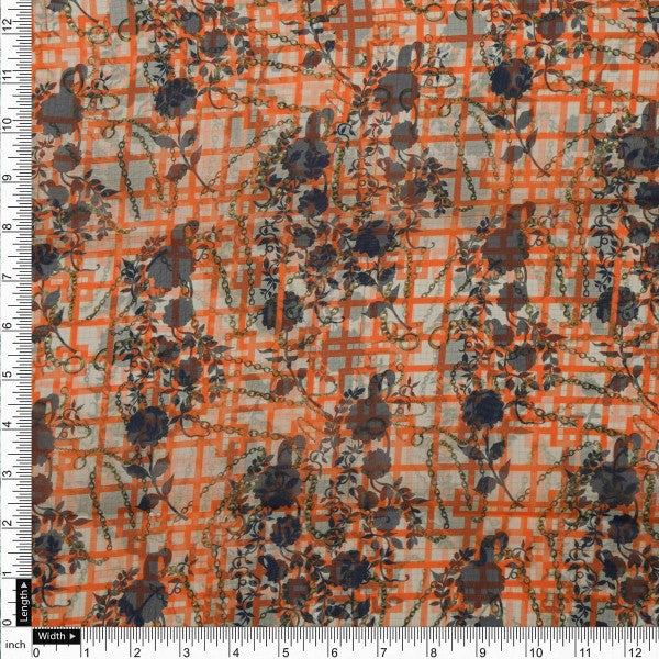 Orange Checkered & Floral Chain Print Organza Fabric