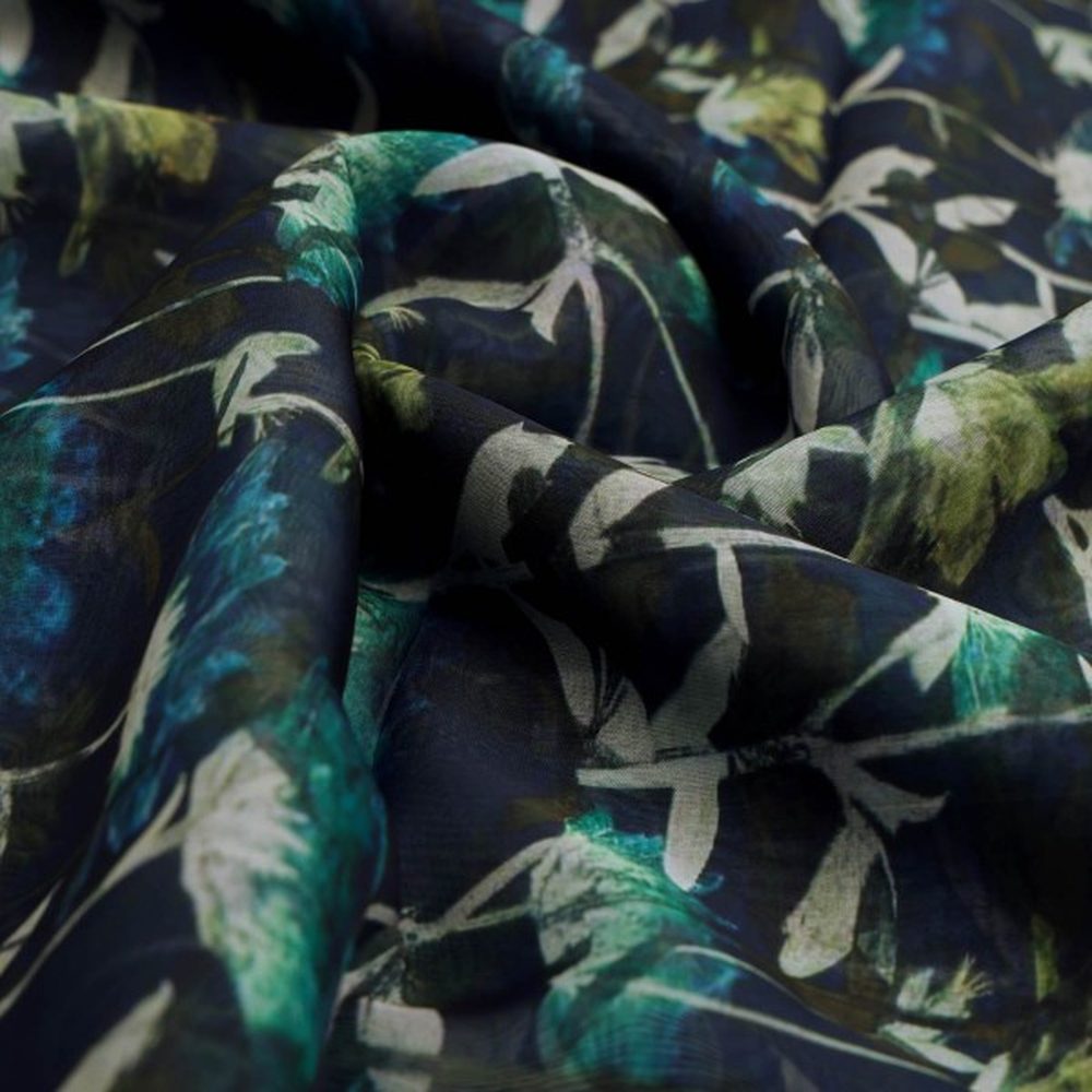 Navy Blue & Green Abstract Botanical Organza Fabric