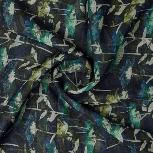 Navy Blue & Green Abstract Botanical Organza Fabric – or 0 ta0066 110 2