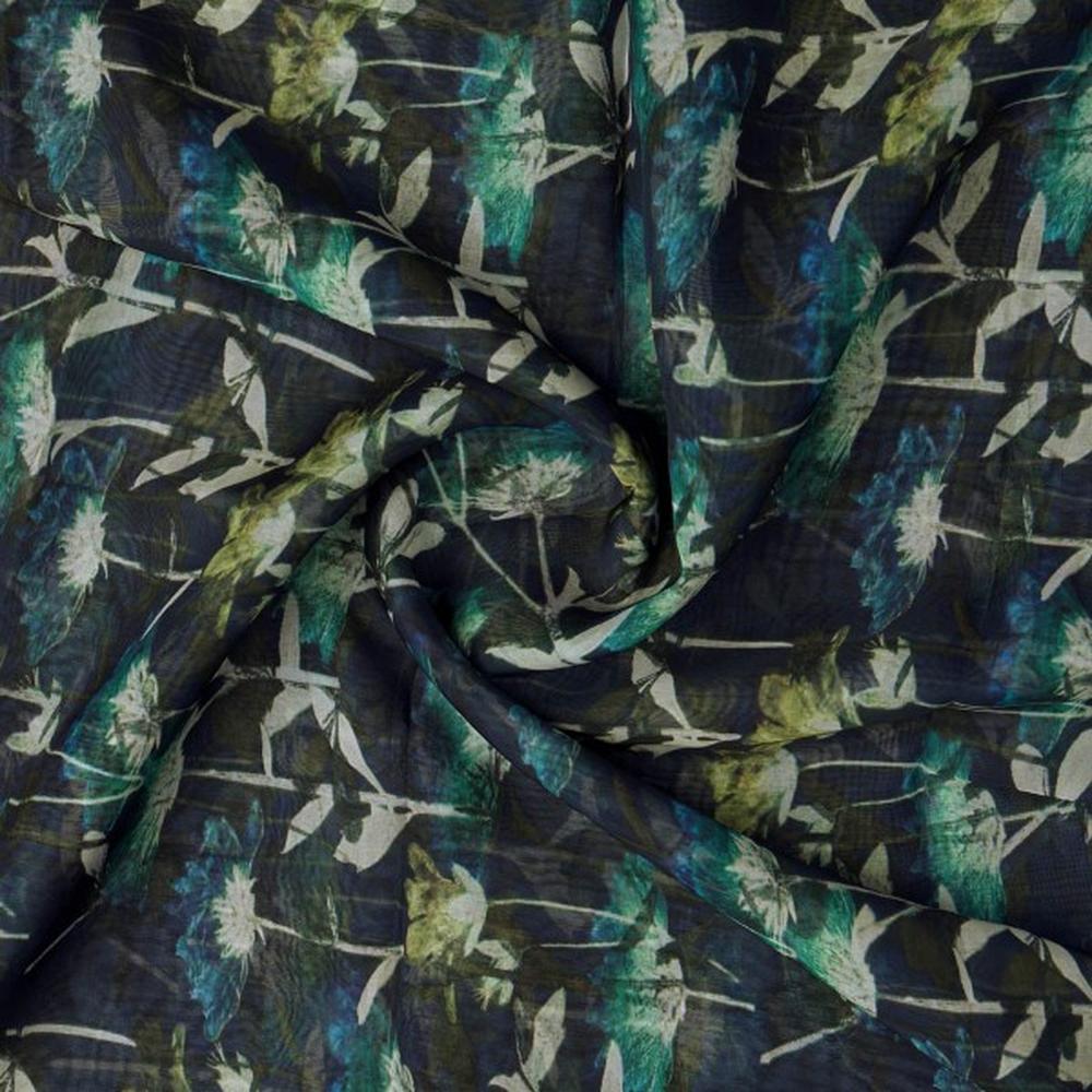 Navy Blue & Green Abstract Botanical Organza Fabric