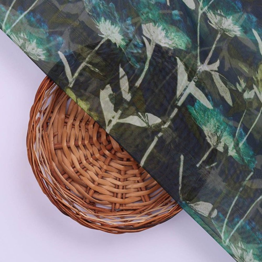 Navy Blue & Green Abstract Botanical Organza Fabric