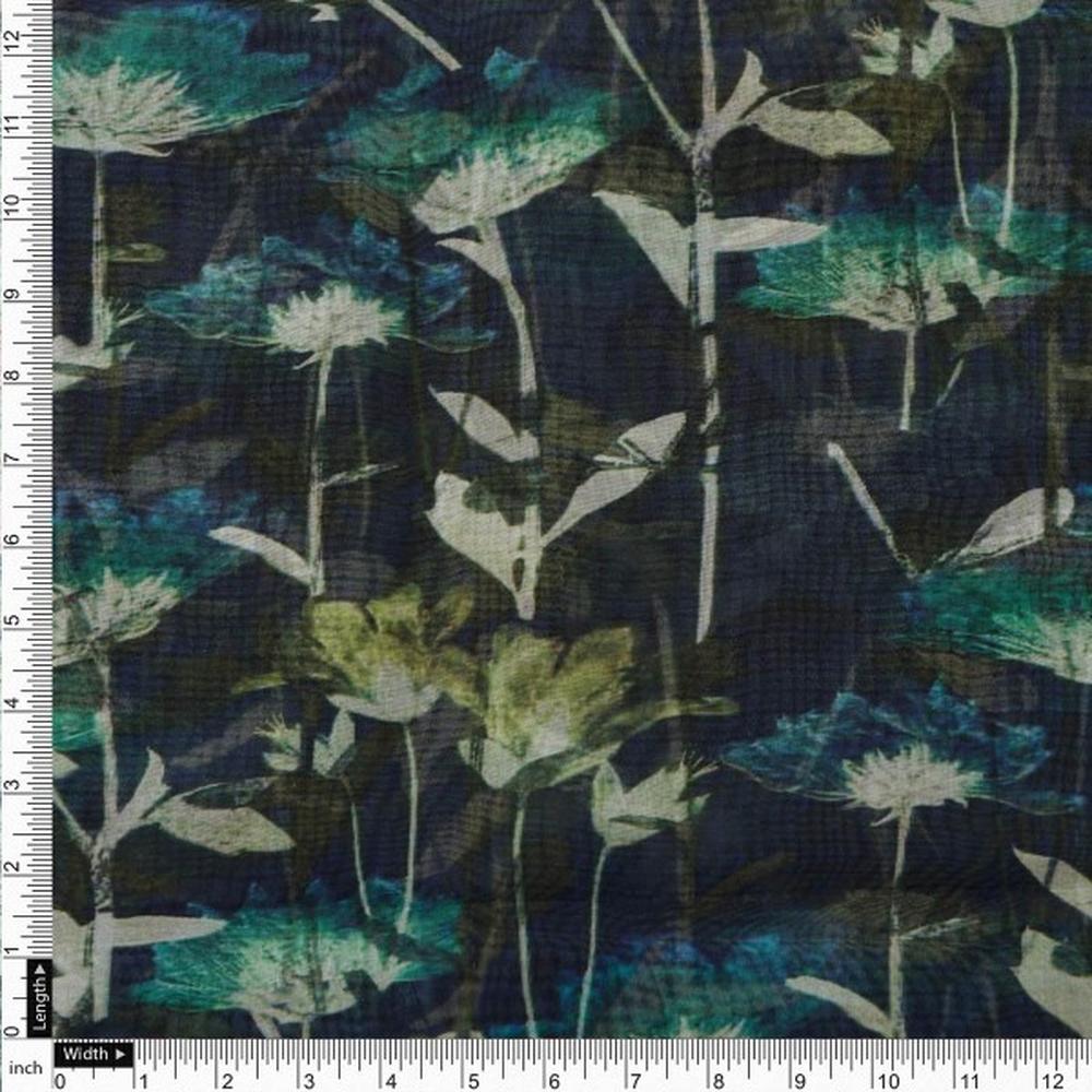 Navy Blue & Green Abstract Botanical Organza Fabric